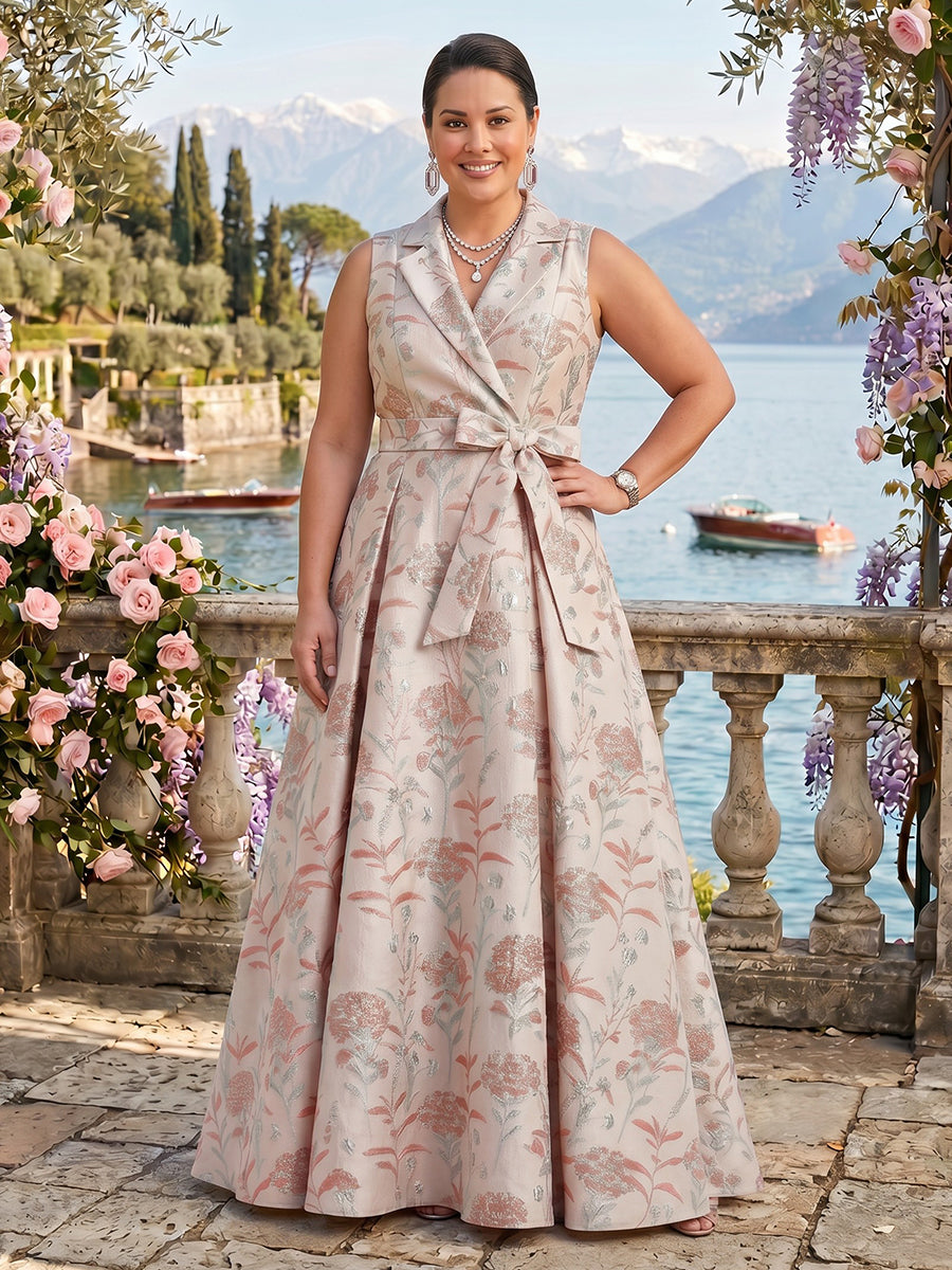 Plus Size V Neck A Line Sleeveless Jacquard Mother of the Bride/Groom Dresses