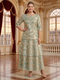 Jacquard Jewel A Line Tea Length Mother of the Bride/Groom Dresses Plus Size