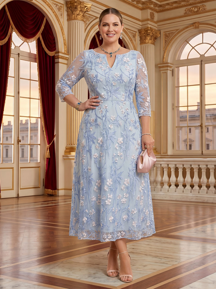 Jacquard V Neck A Line Tea Length Mother of the Bride/Groom Dresses Plus Size