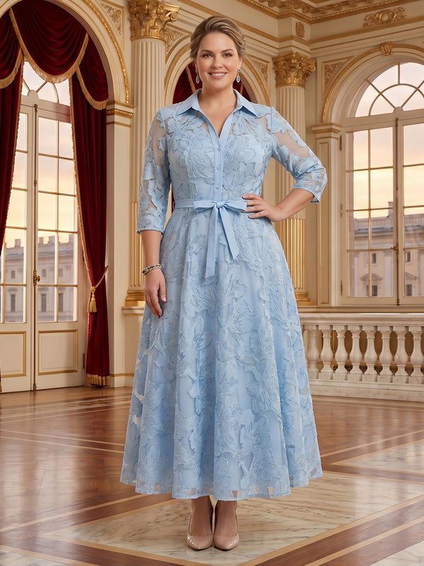 Jacquard V Neck A Line Tea Length Mother of the Bride/Groom Dresses Plus Size