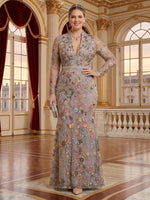 Jacquard Plus Size V Neck Mermaid Long Sleeves Mother of the Bride/Groom Dresses