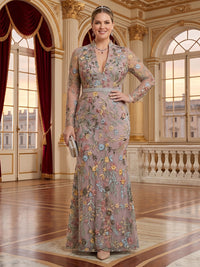 Jacquard Plus Size V Neck Mermaid Long Sleeves Mother of the Bride/Groom Dresses