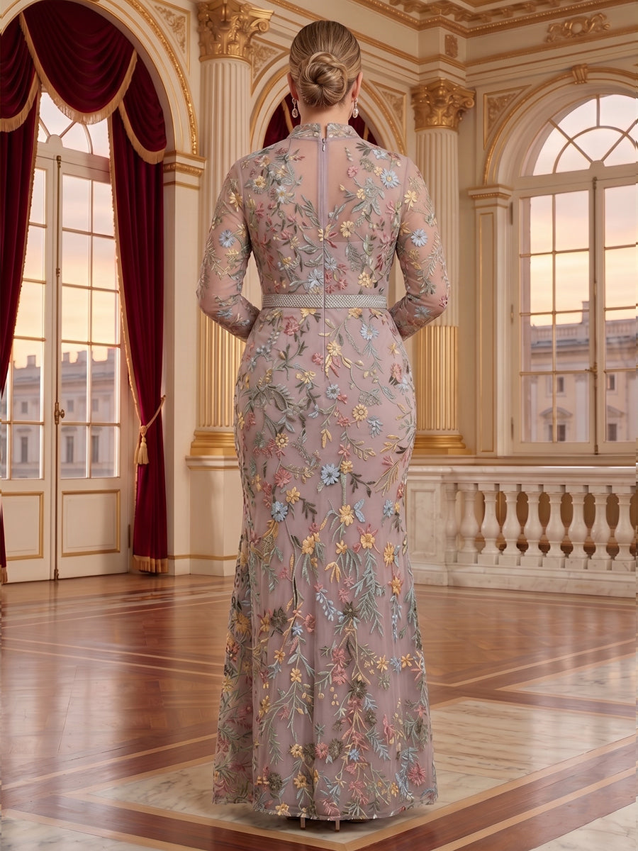 Jacquard Plus Size V Neck Mermaid Long Sleeves Mother of the Bride/Groom Dresses