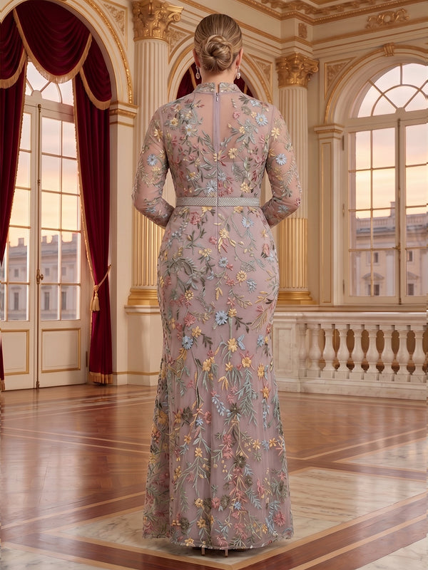 Jacquard Plus Size V Neck Mermaid Long Sleeves Mother of the Bride/Groom Dresses