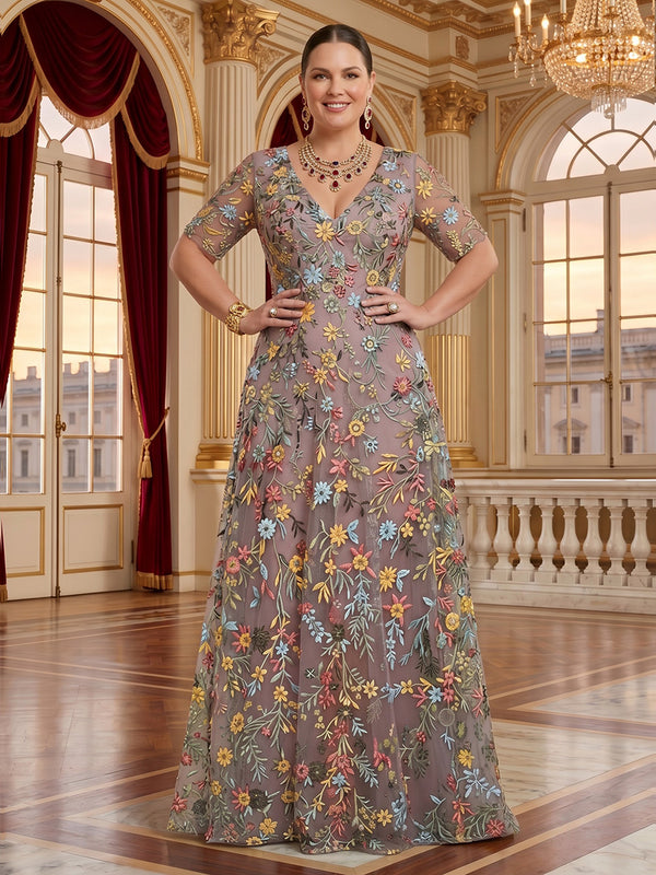 Jacquard Plus Size V Neck Mermaid Short Sleeves Mother of the Bride/Groom Dresses