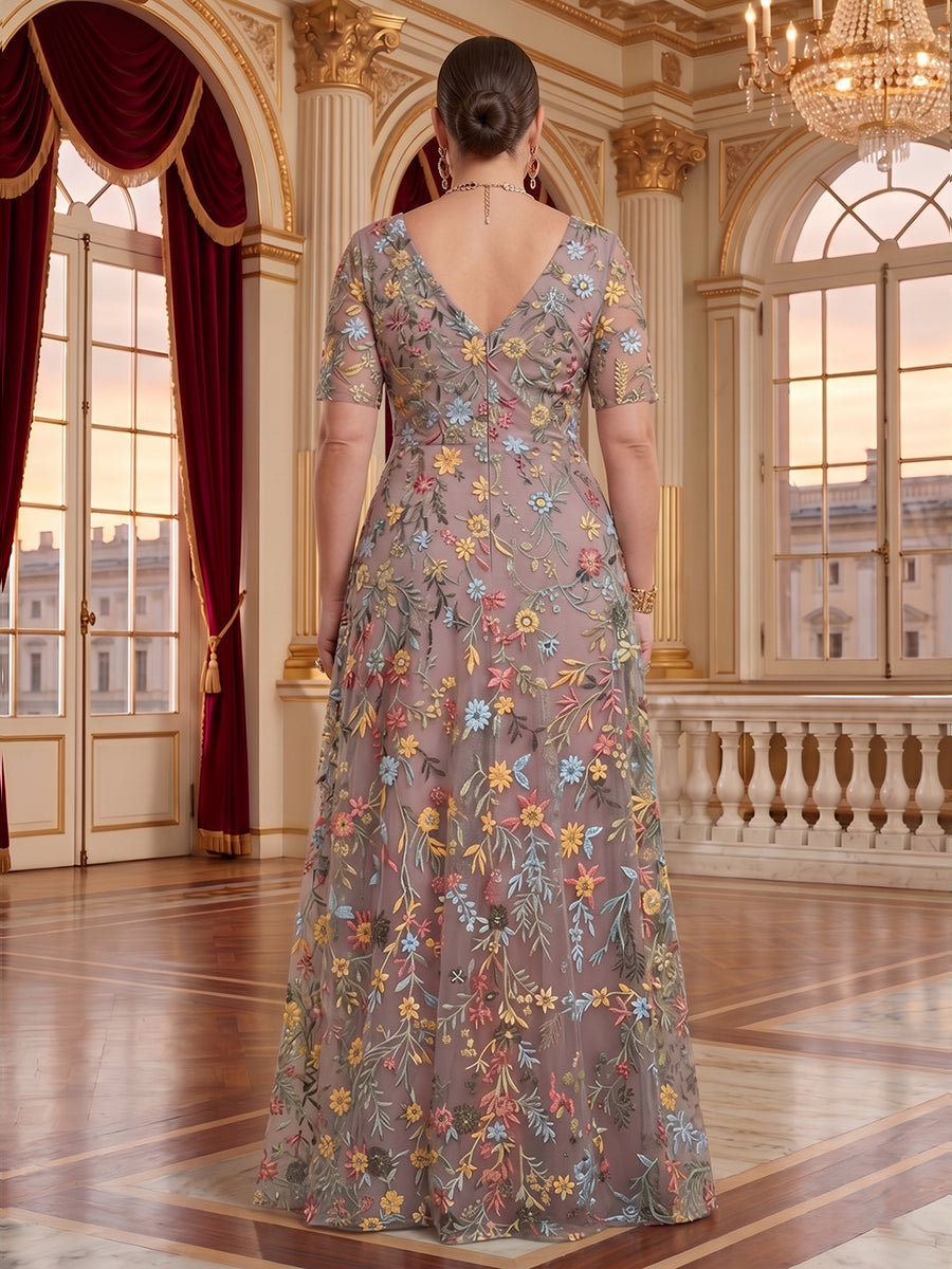 Jacquard Plus Size V Neck Mermaid Short Sleeves Mother of the Bride/Groom Dresses