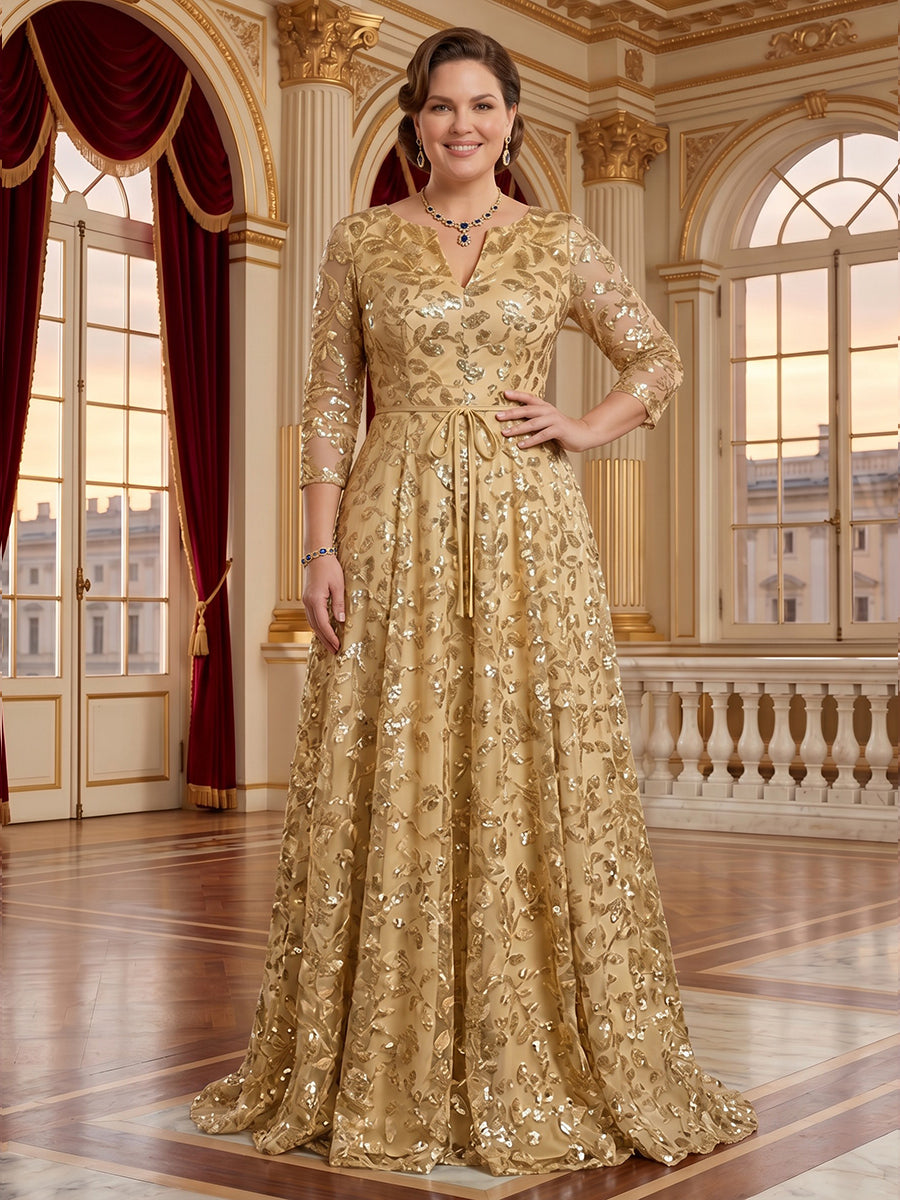 Jacquard Plus Size V Neck A Line Sequin Mother of the Bride/Groom Dresses