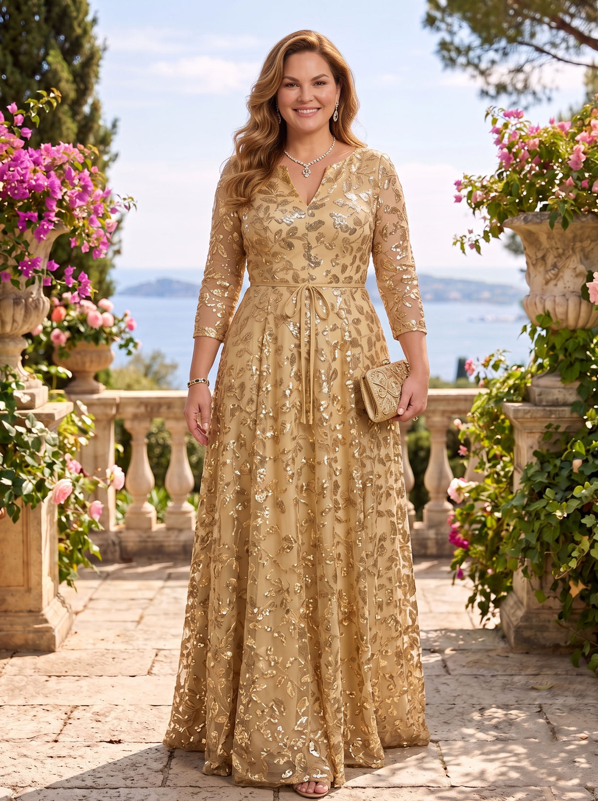 Jacquard Plus Size V Neck A Line Sequin Mother of the Bride/Groom Dresses