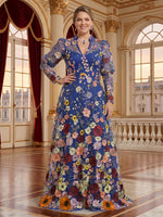 Jacquard Plus Size V Neck Long Sleeves 3D Flower Mother of the Bride/Groom Dresses
