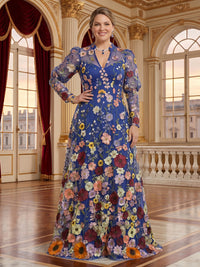 Jacquard Plus Size V Neck Long Sleeves 3D Flower Mother of the Bride/Groom Dresses