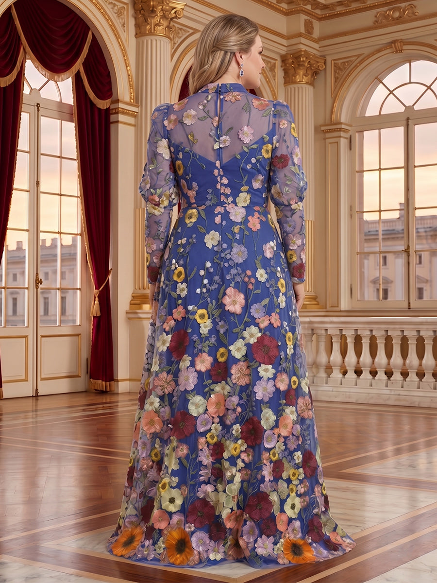 Jacquard Plus Size V Neck Long Sleeves 3D Flower Mother of the Bride/Groom Dresses