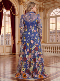 Jacquard Plus Size V Neck Long Sleeves 3D Flower Mother of the Bride/Groom Dresses