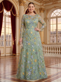 Jacquard Plus Size Jewel Long Sleeves 3D Flower Mother of the Bride/Groom Dresses
