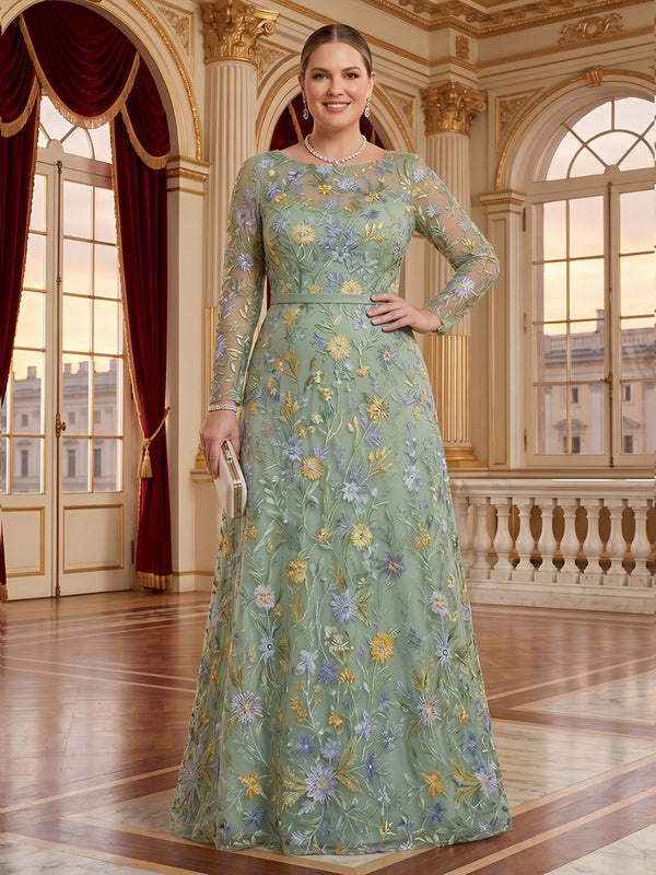Jacquard Plus Size Jewel Long Sleeves 3D Flower Mother of the Bride/Groom Dresses
