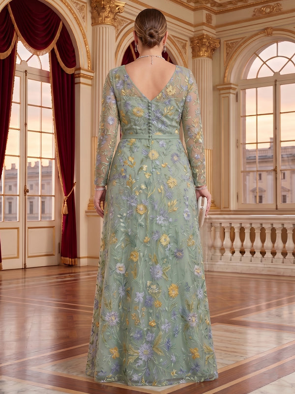 Jacquard Plus Size Jewel Long Sleeves 3D Flower Mother of the Bride/Groom Dresses