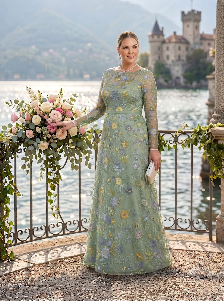 Jacquard Plus Size Jewel Long Sleeves 3D Flower Mother of the Bride/Groom Dresses