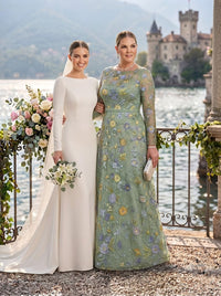Jacquard Plus Size Jewel Long Sleeves 3D Flower Mother of the Bride/Groom Dresses