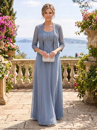 Chiffon Jewel 3/4 Sleeves 2 Pieces A Line Mother of the Bride Dresses