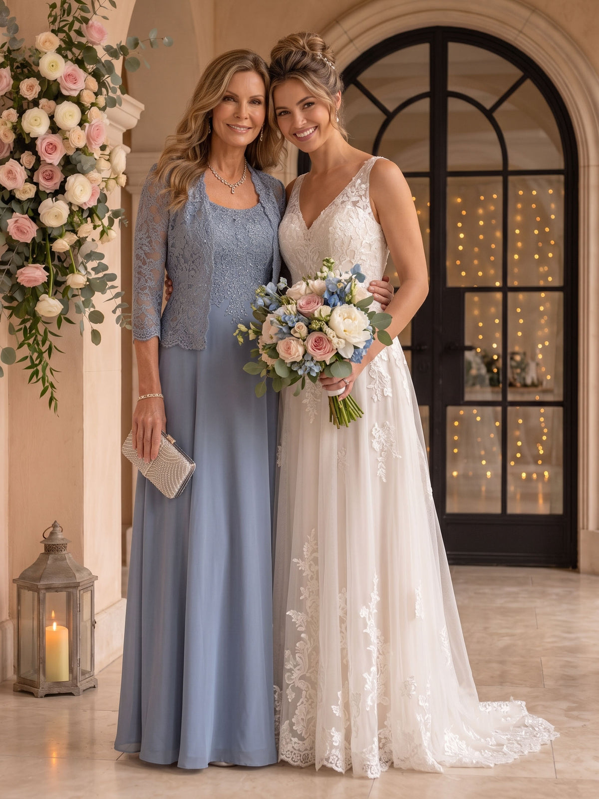 Chiffon Jewel 3/4 Sleeves 2 Pieces A Line Mother of the Bride Dresses