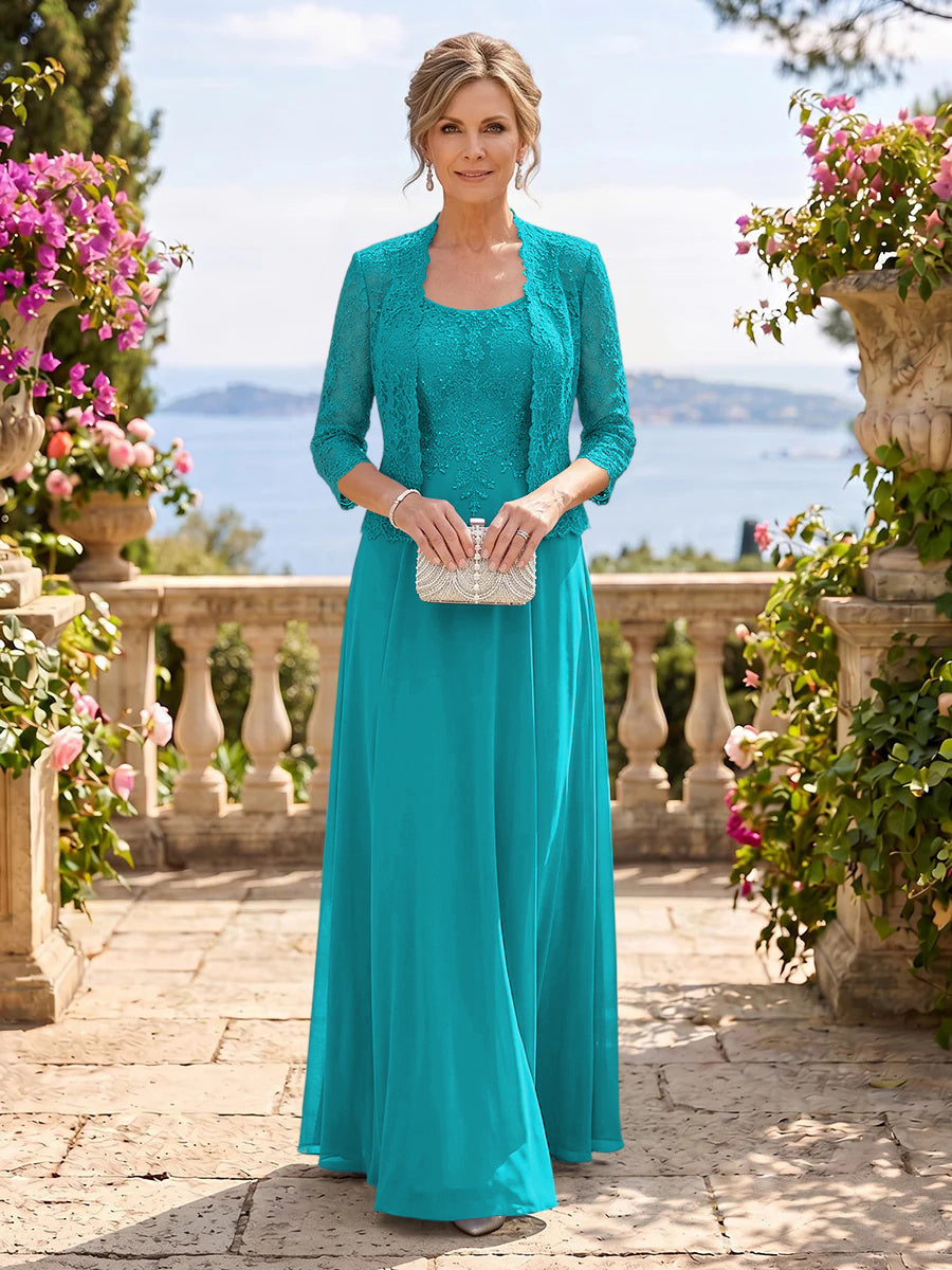 Chiffon Jewel 3/4 Sleeves 2 Pieces A Line Mother of the Bride Dresses
