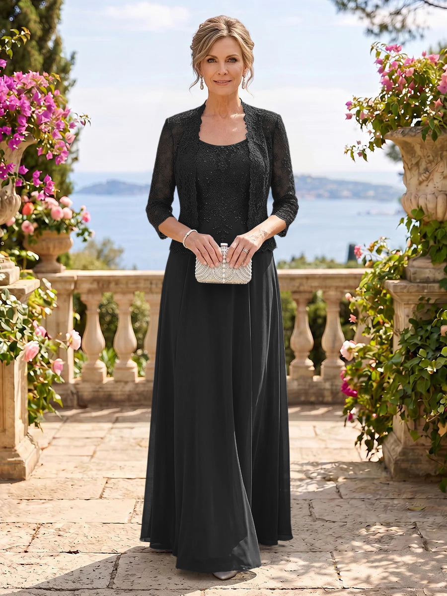 Chiffon Jewel 3/4 Sleeves 2 Pieces A Line Mother of the Bride Dresses