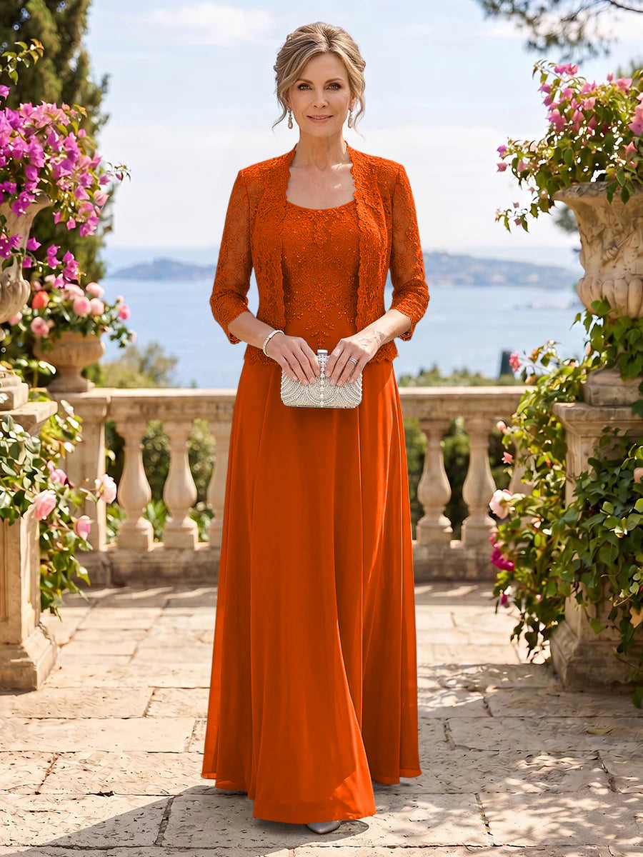Chiffon Jewel 3/4 Sleeves 2 Pieces A Line Mother of the Bride Dresses