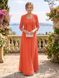 Chiffon Jewel 3/4 Sleeves 2 Pieces A Line Mother of the Bride Dresses