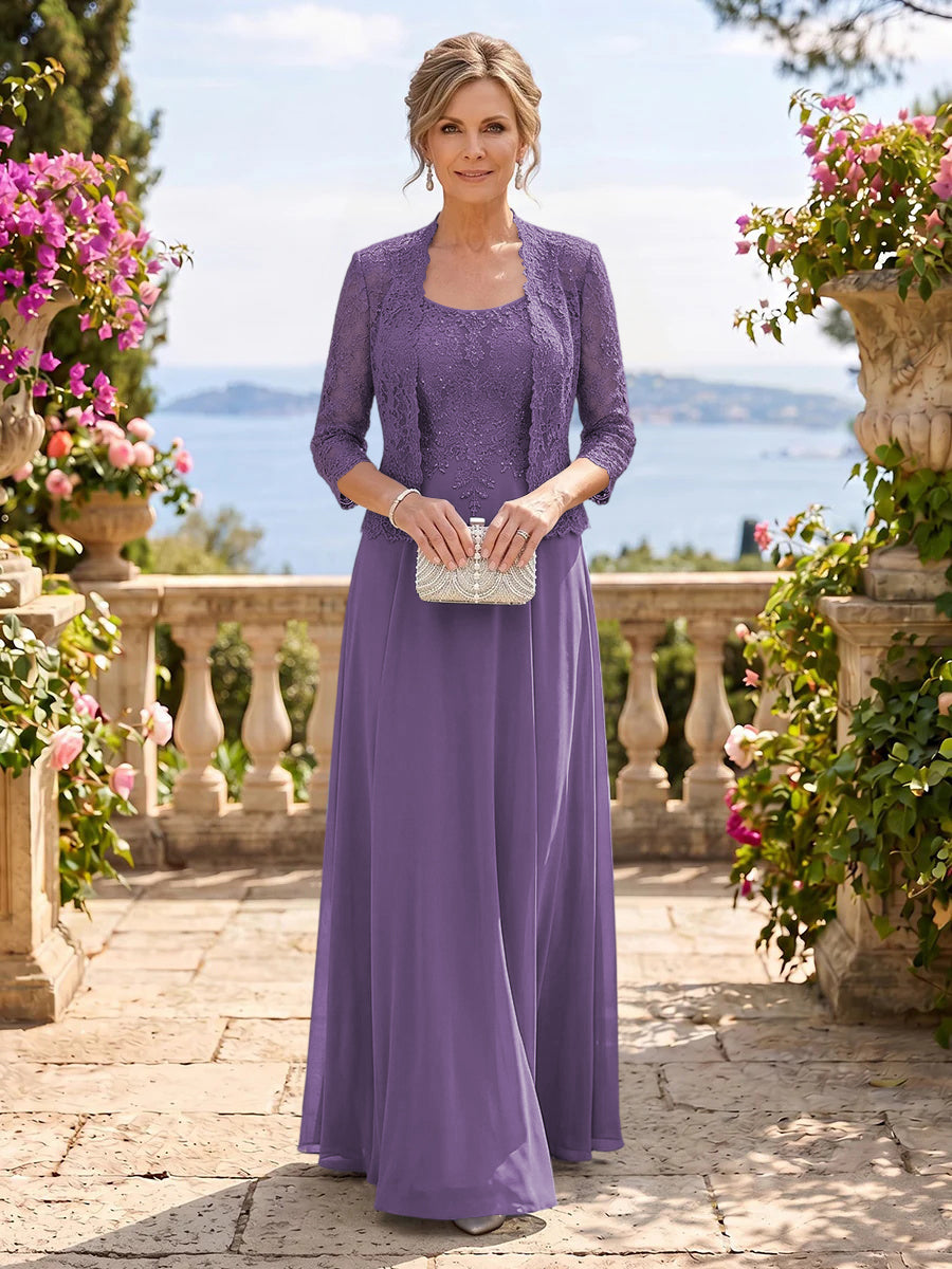 Chiffon Jewel 3/4 Sleeves 2 Pieces A Line Mother of the Bride Dresses