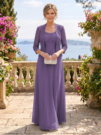 Chiffon Jewel 3/4 Sleeves 2 Pieces A Line Mother of the Bride Dresses