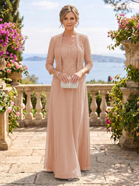 Chiffon Jewel 3/4 Sleeves 2 Pieces A Line Mother of the Bride Dresses