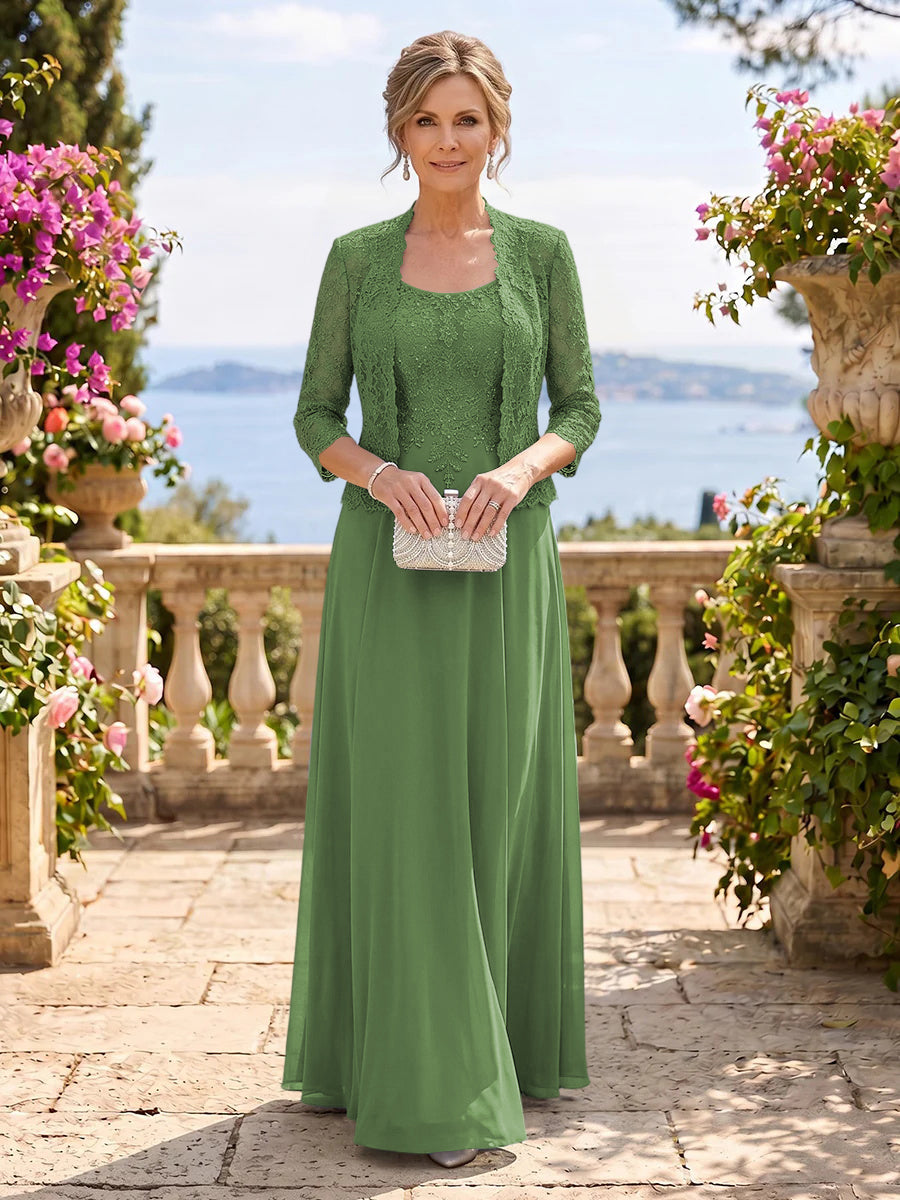 Chiffon Jewel 3/4 Sleeves 2 Pieces A Line Mother of the Bride Dresses