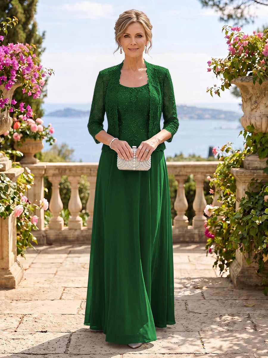 Chiffon Jewel 3/4 Sleeves 2 Pieces A Line Mother of the Bride Dresses