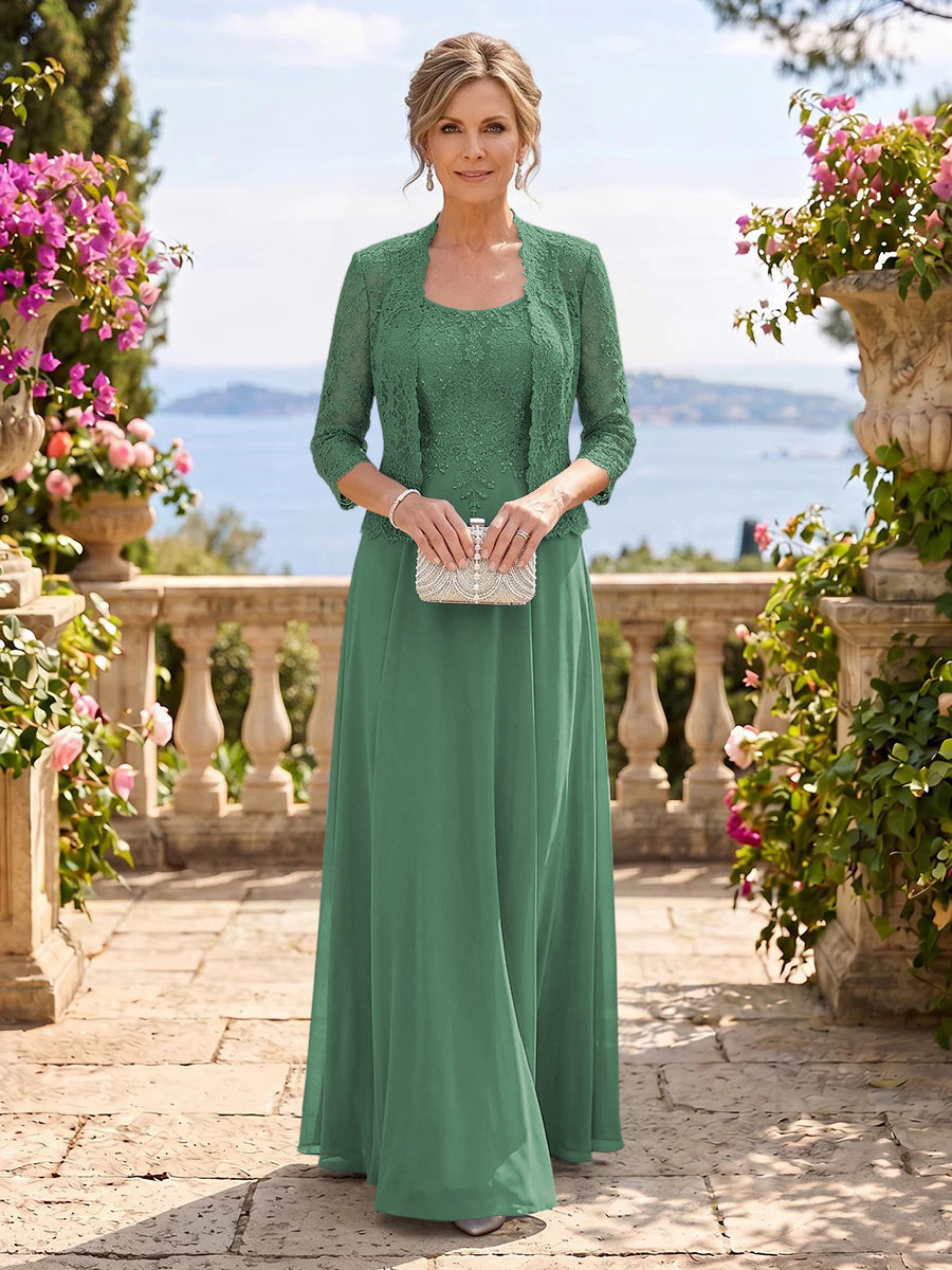 Chiffon Jewel 3/4 Sleeves 2 Pieces A Line Mother of the Bride Dresses