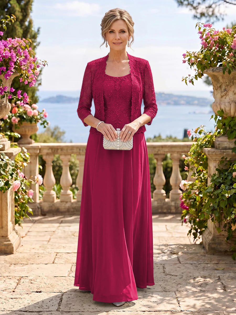 Chiffon Jewel 3/4 Sleeves 2 Pieces A Line Mother of the Bride Dresses