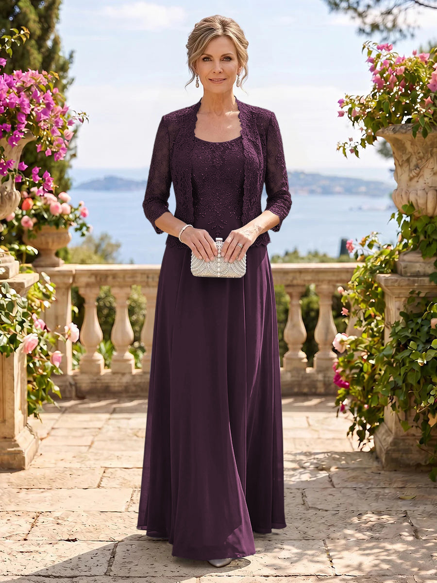 Chiffon Jewel 3/4 Sleeves 2 Pieces A Line Mother of the Bride Dresses