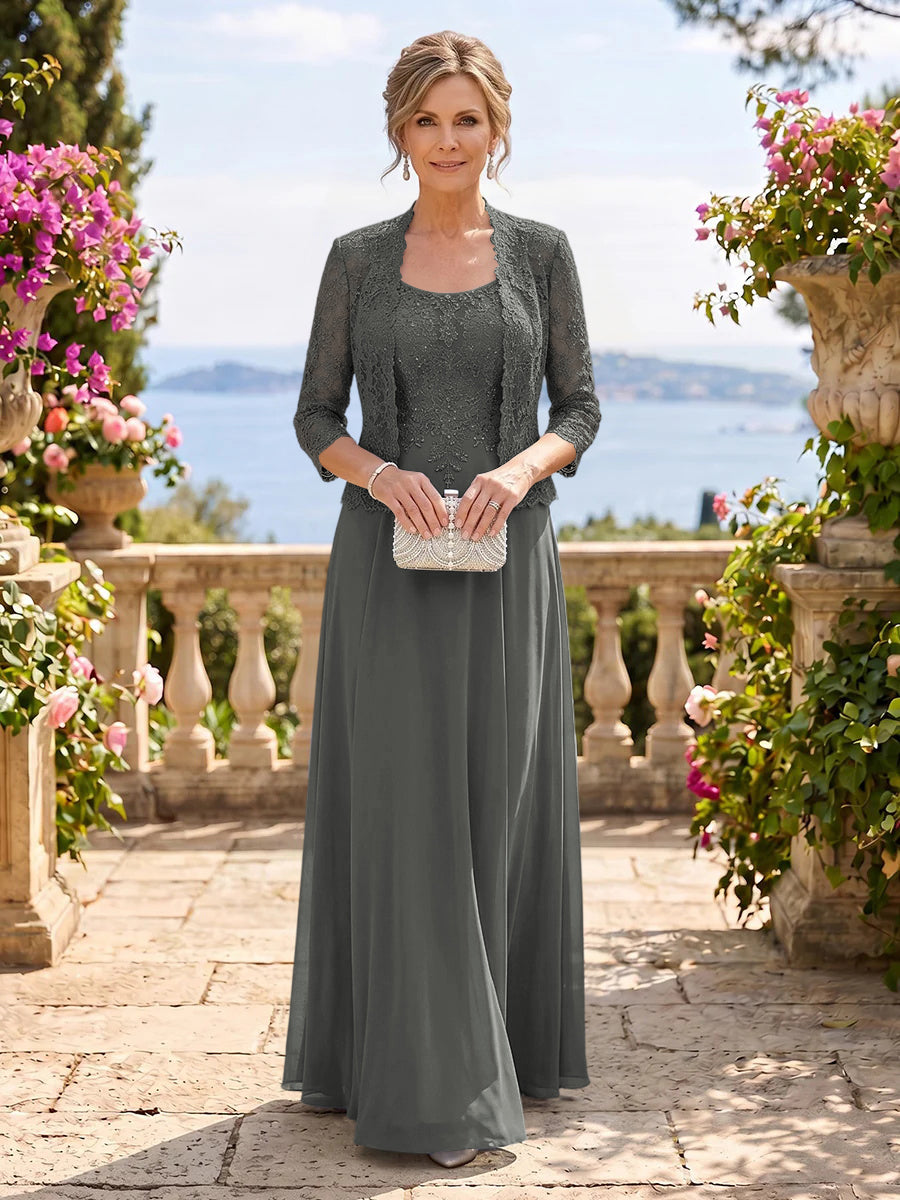 Chiffon Jewel 3/4 Sleeves 2 Pieces A Line Mother of the Bride Dresses