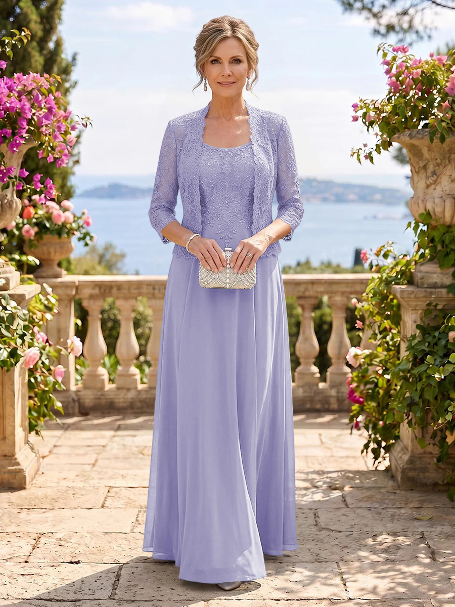 Chiffon Jewel 3/4 Sleeves 2 Pieces A Line Mother of the Bride Dresses
