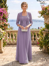 Chiffon Jewel 3/4 Sleeves 2 Pieces A Line Mother of the Bride Dresses