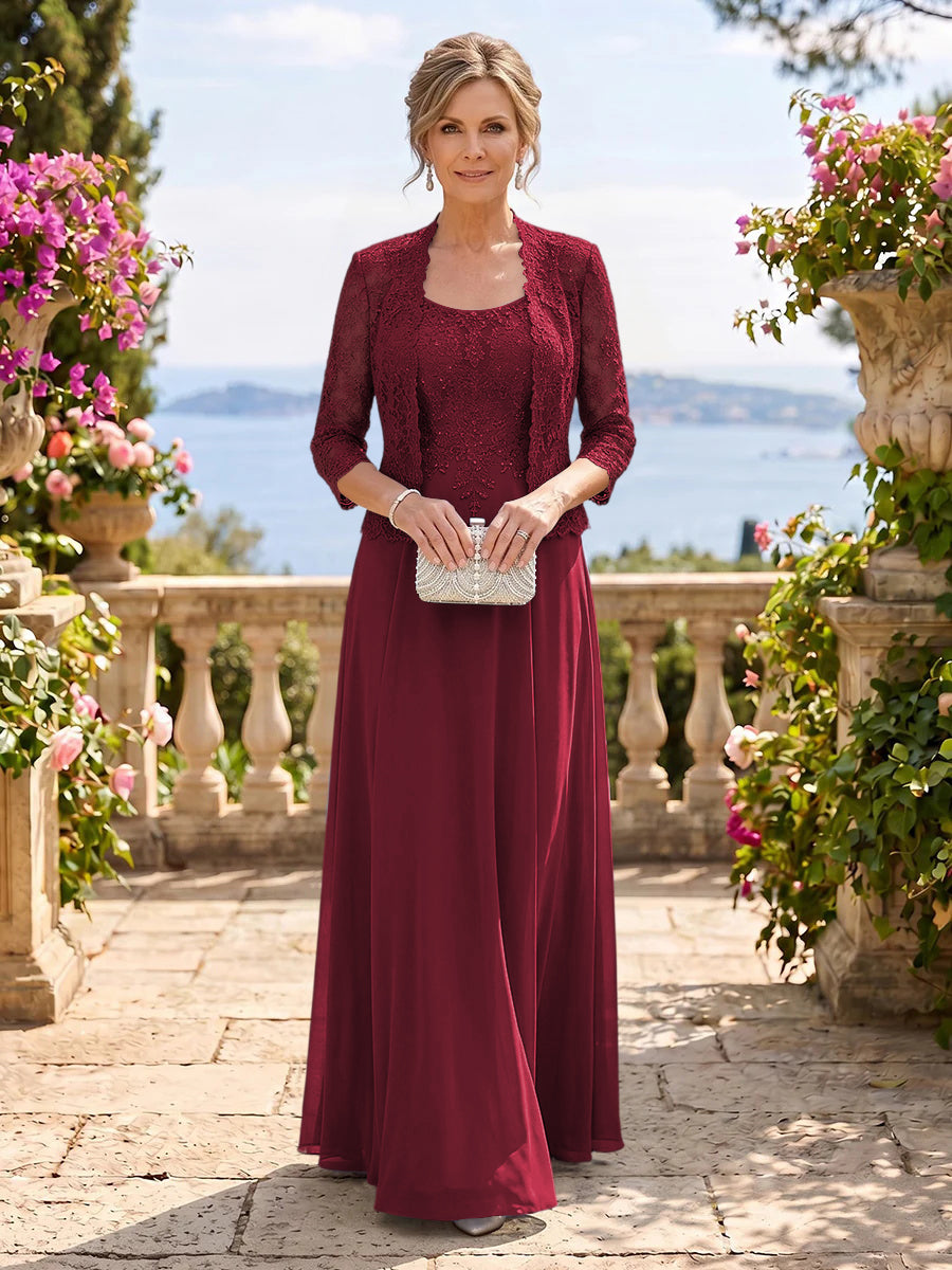 Chiffon Jewel 3/4 Sleeves 2 Pieces A Line Mother of the Bride Dresses