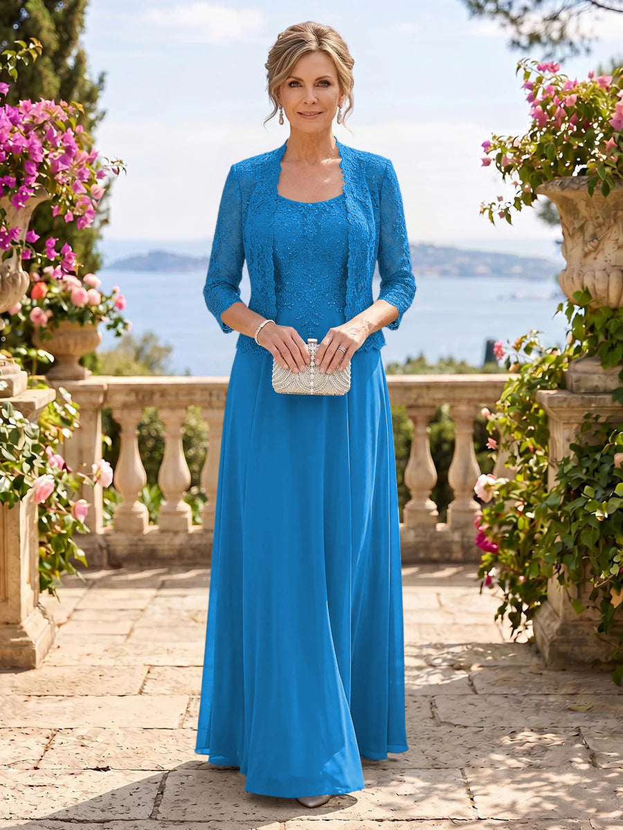 Chiffon Jewel 3/4 Sleeves 2 Pieces A Line Mother of the Bride Dresses