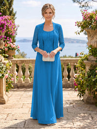 Chiffon Jewel 3/4 Sleeves 2 Pieces A Line Mother of the Bride Dresses