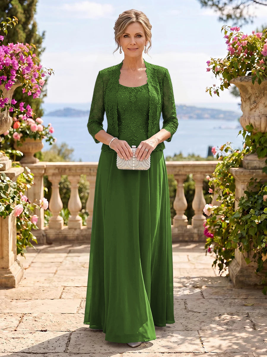 Chiffon Jewel 3/4 Sleeves 2 Pieces A Line Mother of the Bride Dresses
