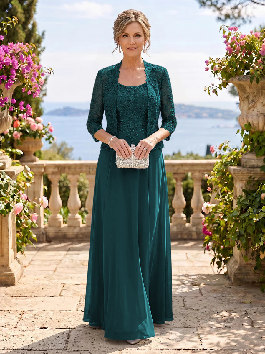 Chiffon Jewel 3/4 Sleeves 2 Pieces A Line Mother of the Bride Dresses