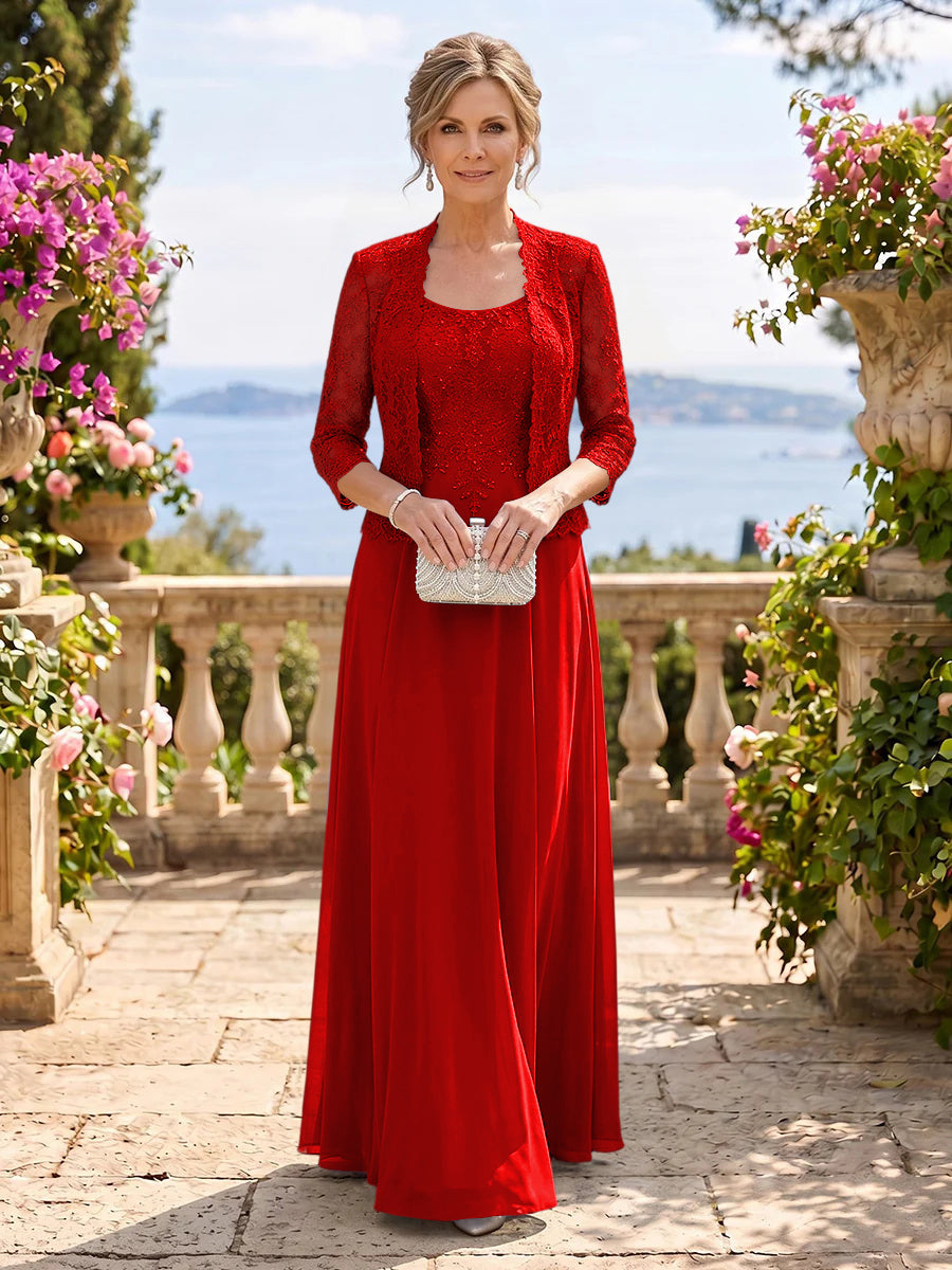 Chiffon Jewel 3/4 Sleeves 2 Pieces A Line Mother of the Bride Dresses