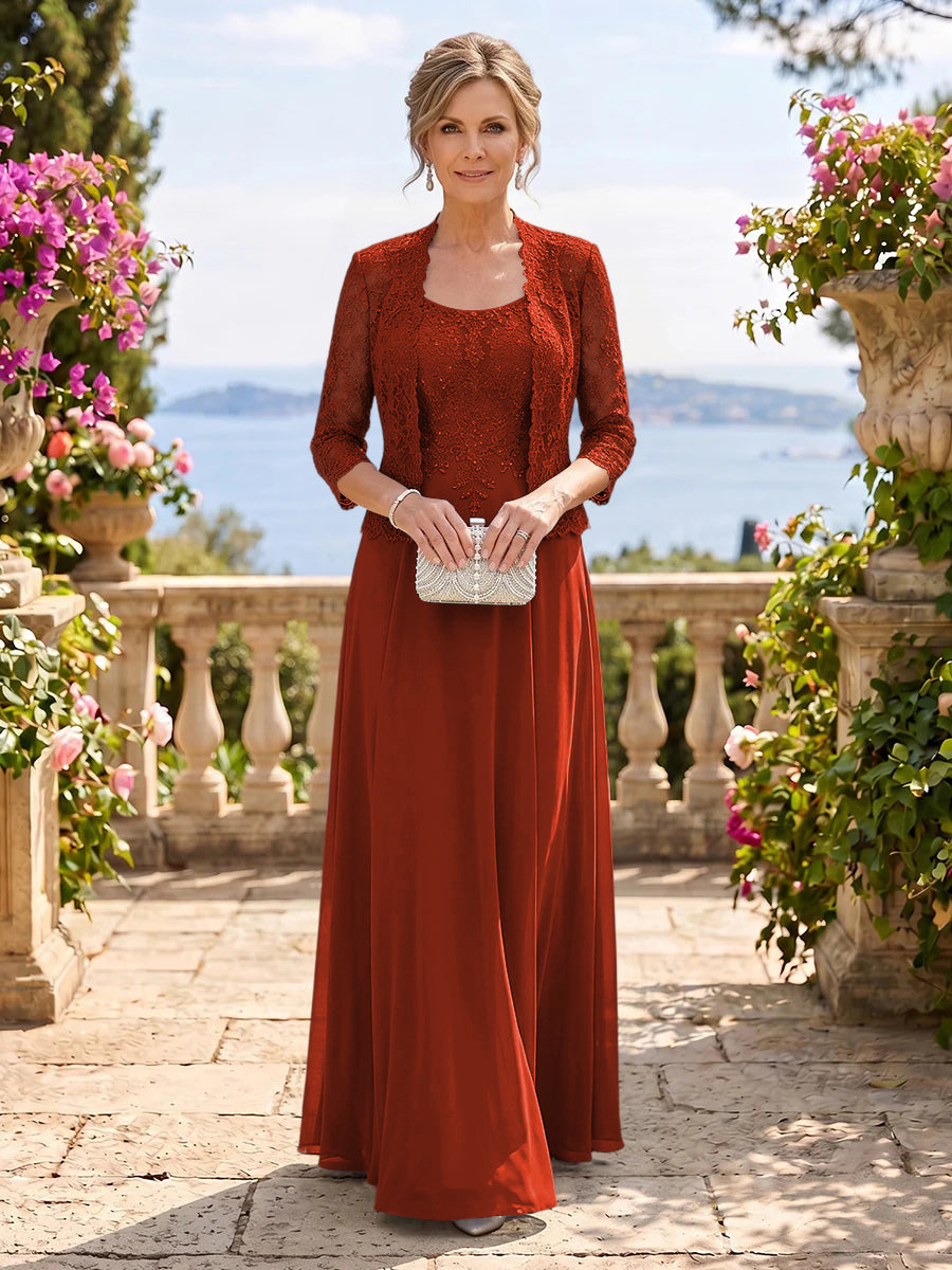 Chiffon Jewel 3/4 Sleeves 2 Pieces A Line Mother of the Bride Dresses