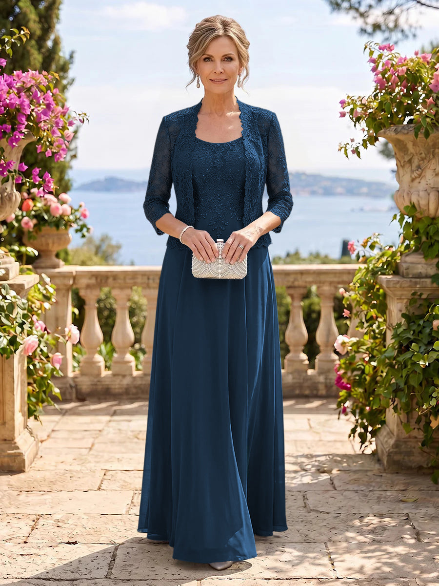 Chiffon Jewel 3/4 Sleeves 2 Pieces A Line Mother of the Bride Dresses