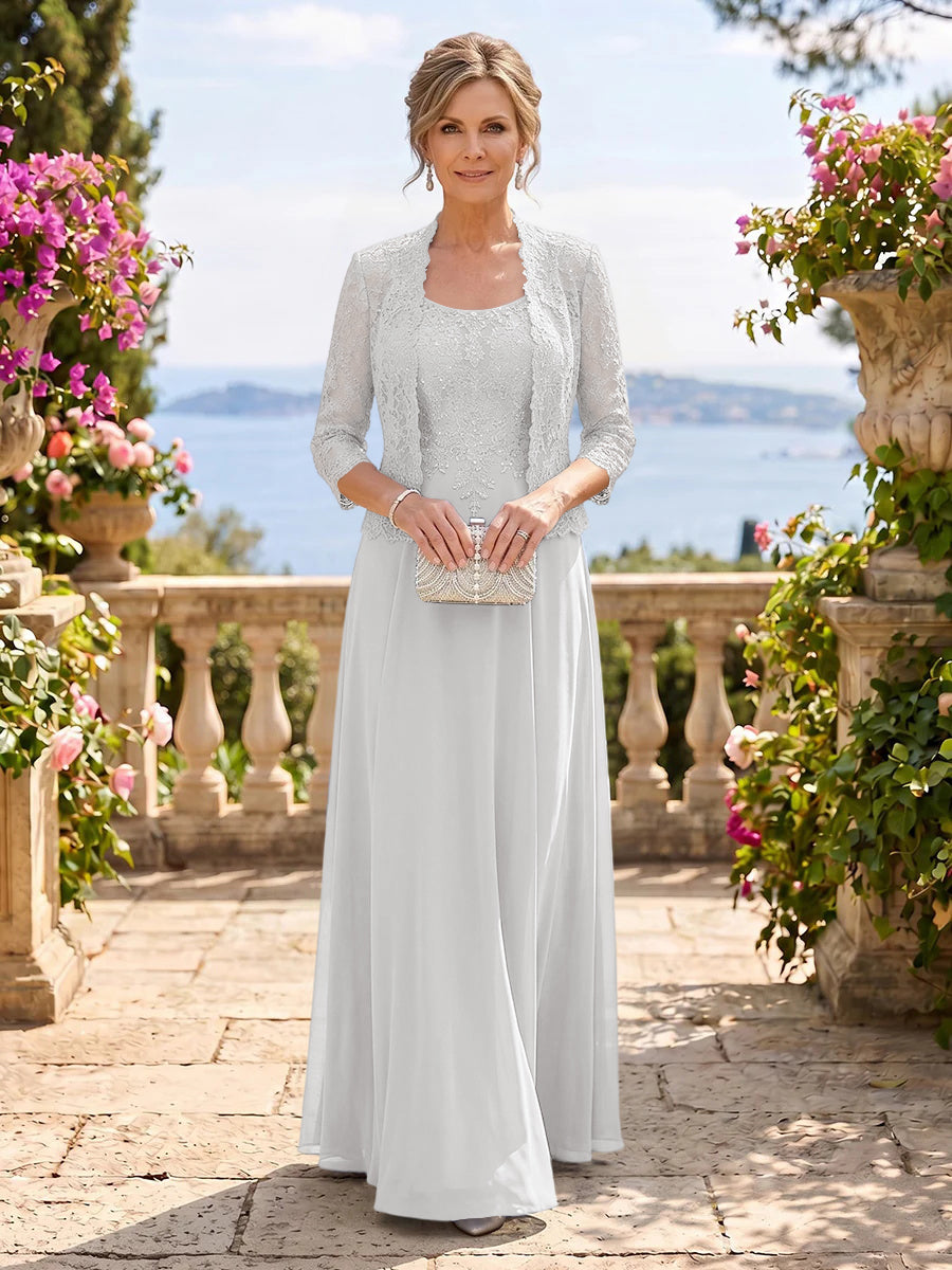 Chiffon Jewel 3/4 Sleeves 2 Pieces A Line Mother of the Bride Dresses