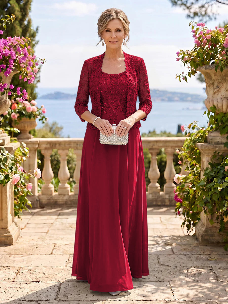 Chiffon Jewel 3/4 Sleeves 2 Pieces A Line Mother of the Bride Dresses