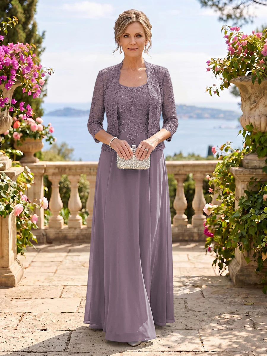 Chiffon Jewel 3/4 Sleeves 2 Pieces A Line Mother of the Bride Dresses