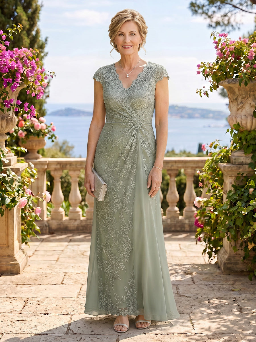Chiffon V Neck A Line Cap Sleeves Floor Length Mother of the Bride/Groom Dresses